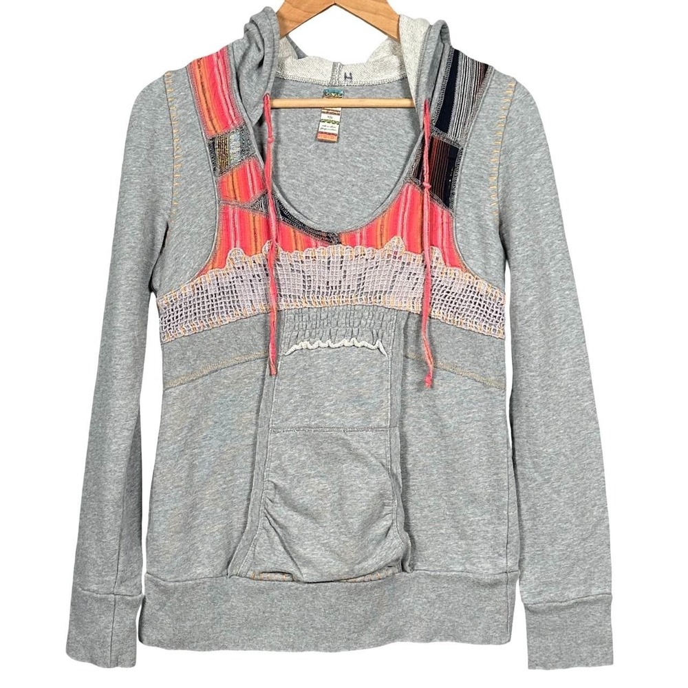 Free People Gray Patchwork Hoodie Medium Crochet Knit Boho Pullover Y2K